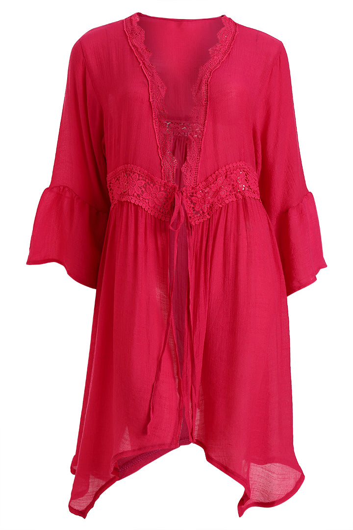 AXTZH Flowing Sarong-Inspired Beachwear Dress with Bell Sleeves and Tie-Up Waist-X0629-FUCHSIA-SNGA2