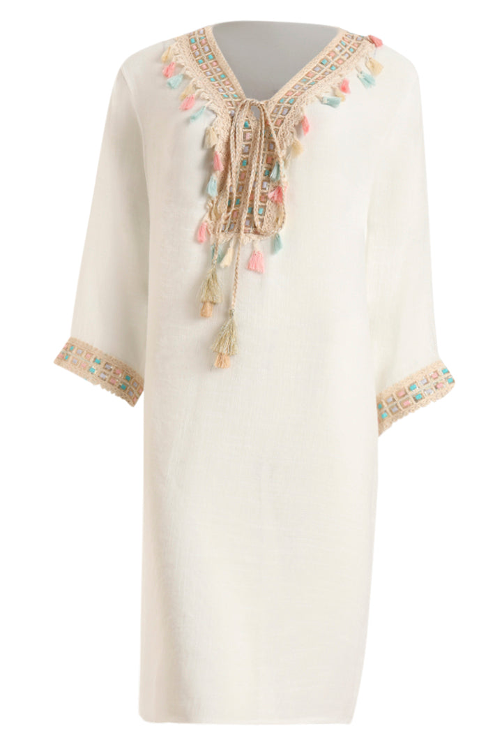 AXTZH Relaxed Fit Women’s Coverup with Embroidered Neckline and Chic Details-X3844-WHITE-SNGA1