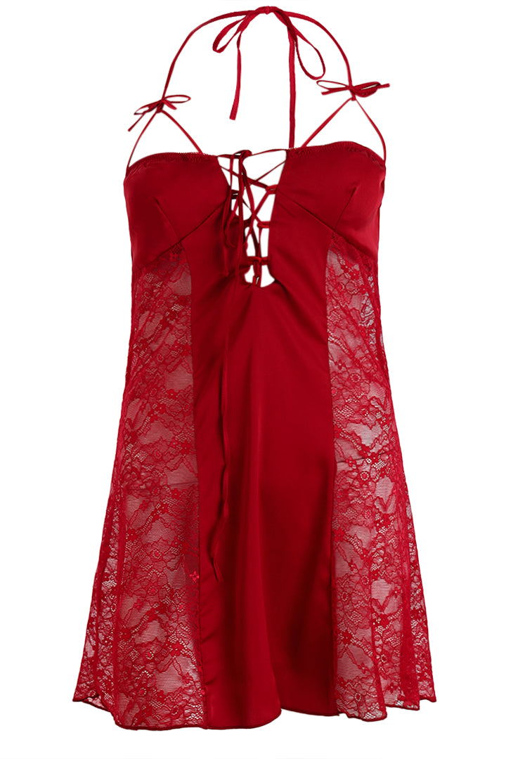 AXTZH Elegant One-Piece Nightwear for Women with Sheer Lace Accents X7027-SCARLET-SF1N