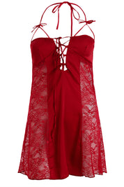 AXTZH Elegant One-Piece Nightwear for Women with Sheer Lace Accents X7027-SCARLET-SF1N
