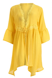 AXTZH Flowing Sarong-Inspired Beachwear Dress with Bell Sleeves and Tie-Up Waist-X0629-CORNSILK-SNGA2