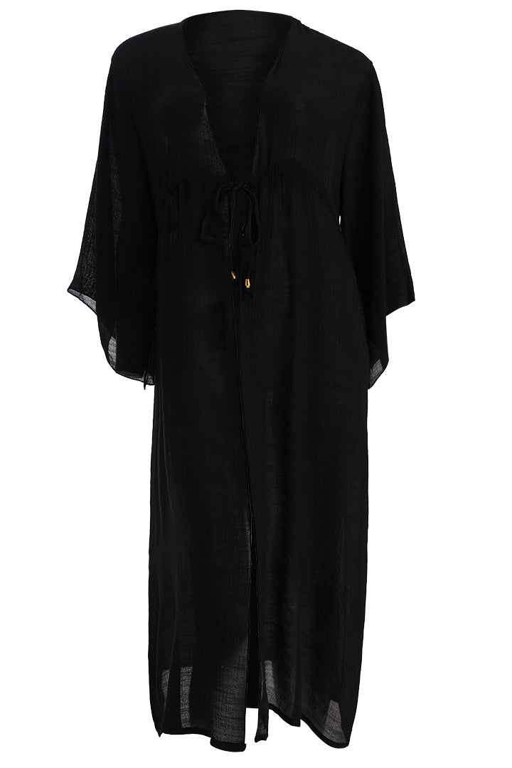 AXTZH Elegant Women’s Coverup Sarong Beachwear with Flowing Silhouette and Tie Detail-X8387-BLACK-SNGA2