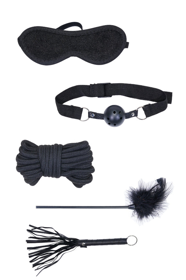 AXTZH Six-Piece Lace Bodysuit Set with Eye Mask, Ball Gag, Feather Tickler, Whip, and Accessories for Women X0014-BLACK-BS6P
