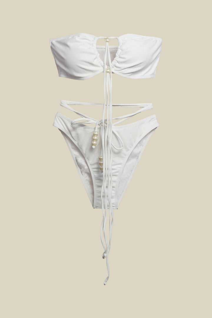 AXTZH 3-Piece Tie-Up Bikini Set with Sheer Sarong SWIM WEAR X1004-WHITE-3PB