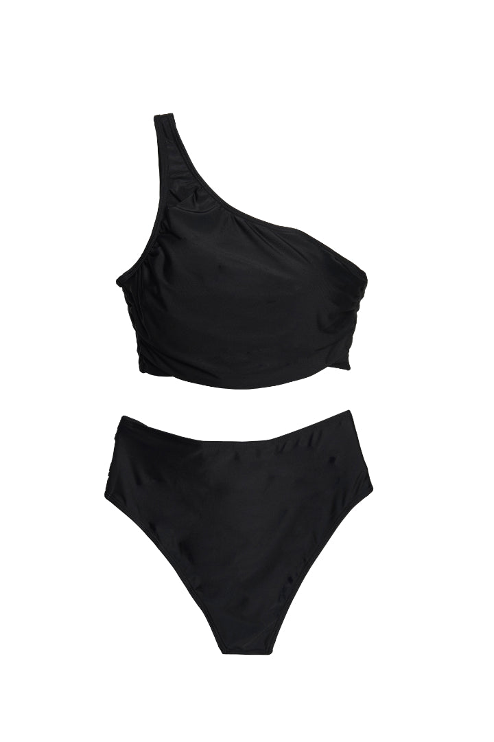 AXTZH 3-Piece One-Shoulder Swimwear Set with Sarong SWIM WAER X1009-BLACK-3PB