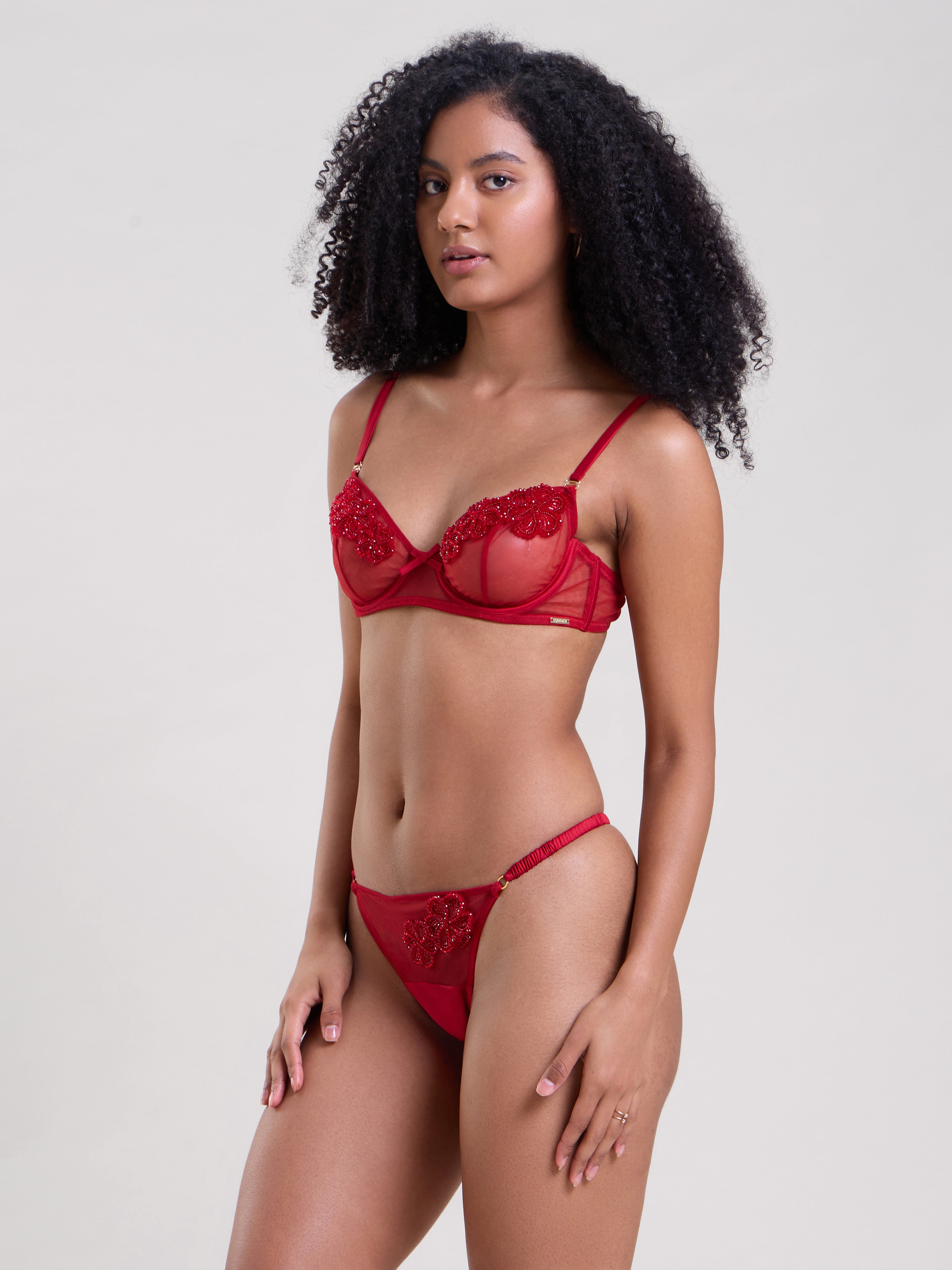 Mysthelle POPPY RED HAND EMBELLISHED BRA & THONG SET