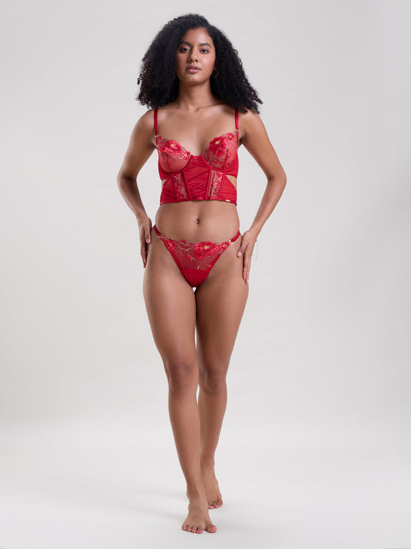 Mysthelle ROSE RED EMBROIDERED LONGLINE BRA & THONG SET