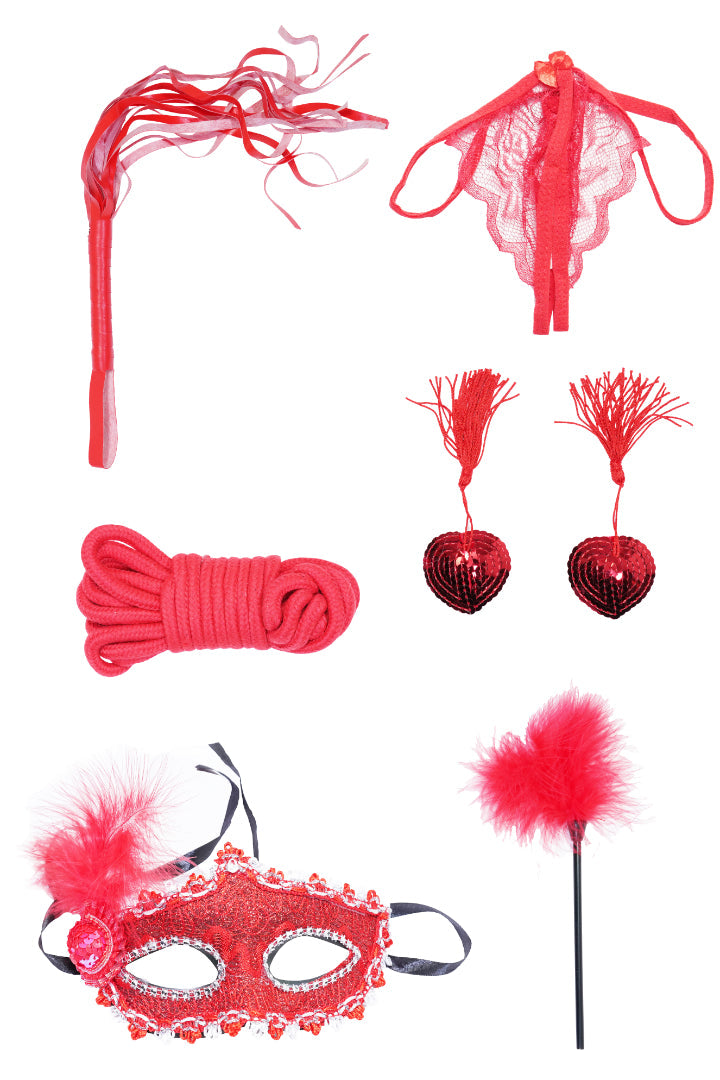 AXTZH Six-Piece Women’s Bodysuit Set with Lace Panty, Masquerade Mask, and Coordinated Play Accessories X0015-RED-BS6P