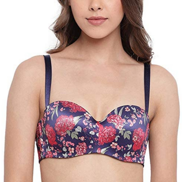 Enamor-F074 Blue Chrysanthem Full Figure Strapless Multi-Way Bra - Padded Wired Medium Coverage