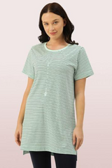 Enamor-EA61 Blue TUNIC TEE â€“ STRIPES | SHORT SLEEVE TUNIC TEE WITH SIDE SLIT & MINDFUL GRAPHIC