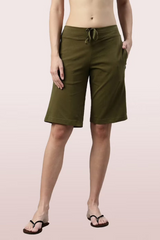 ENAMOR-E044 Army Green CITY SHORTS | COTTON KNEE LENGTH SHORTS