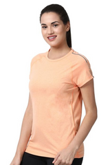 ENAMOR-E089 Fresh Peach SLIM ACTIVE TEE | SHORT SLEEVE RAGLAN SCOOP NECK TEE WITH REFLECTIVE GRAPHIC