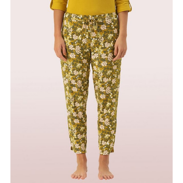 ENAMOR-E048 Jungle Aop SHOP-IN PANTS - SOLID | TAPERED LOUNGE PANTS WITH SELF FABRIC DRAWSTRING WITH METAL ENDS