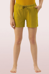 ENAMOR-E062 Mustard Yellow BASIC SHORTS | MID-THIGH LENGTH JERSEY SHORTS WITH POCKETS