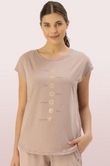 Enamor-E131 Beige Bark MEDITATE TEE | DOLMAN SLEEVE BOAT NECK ANTI-ODOUR STRETCH COTTON GRAPHIC PRINTED TEE
