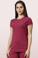 Enamor-E247 Burgundy Leaf BASIC CREW TEE â€“ PRINTED | SHORT SLEEVE CREW NECK STRETCH COTTON TEE
