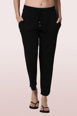 ENAMOR-E048 Jet Black SHOP-IN PANTS - SOLID | TAPERED LOUNGE PANTS WITH SELF FABRIC DRAWSTRING WITH METAL ENDS