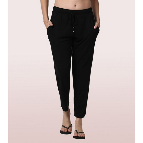 ENAMOR-E048 Jet Black SHOP-IN PANTS - SOLID | TAPERED LOUNGE PANTS WITH SELF FABRIC DRAWSTRING WITH METAL ENDS