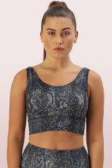 Enamor-E217 Crackle Aop Black LONGLINE SPORTS BRA â€“ PRINTED | SCOOP NECK MEDIUM IMPACT DRY FIT SPORTS BRA