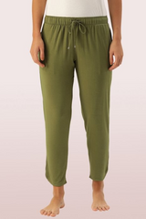ENAMOR-E048 Pickle Green SHOP-IN PANTS - SOLID | TAPERED LOUNGE PANTS WITH SELF FABRIC DRAWSTRING WITH METAL ENDS