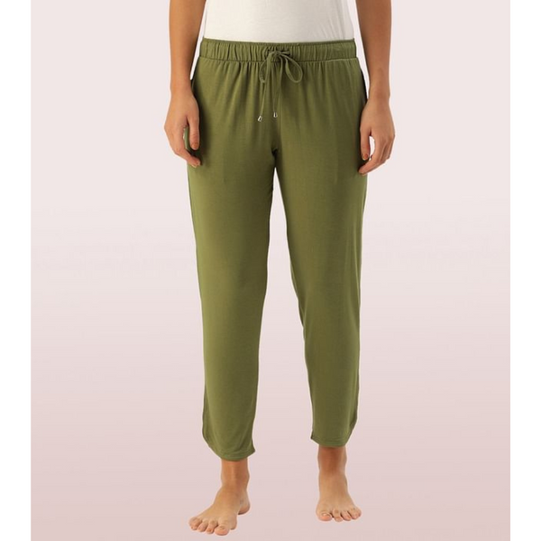 ENAMOR-E048 Pickle Green SHOP-IN PANTS - SOLID | TAPERED LOUNGE PANTS WITH SELF FABRIC DRAWSTRING WITH METAL ENDS