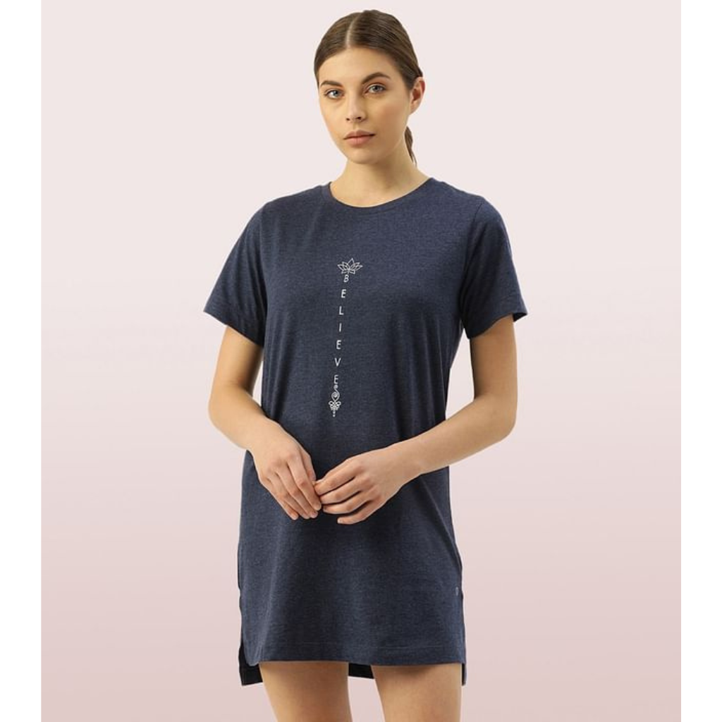 ENAMOR-E061 TUNIC TEE – SOLID | SHORT SLEEVE TUNIC TEE WITH SIDE SLIT & MINDFUL GRAPHIC