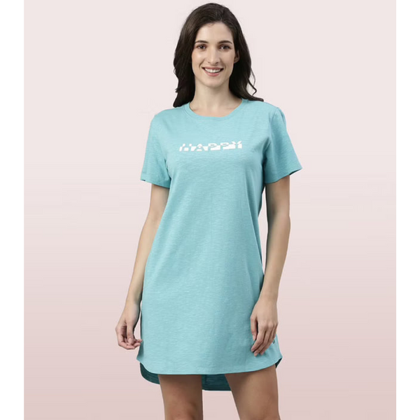 ENAMOR-E802 BASIC DRESS | COTTON SLOUNGE MINI DRESS WITH CHEST GRAPHIC