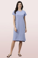 ENAMOR-E801 Powder Blue COMFY DRESS | SHORT SLEEVE COTTON TERRY LOUNGE DRESS