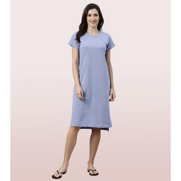 ENAMOR-E801 Powder Blue COMFY DRESS | SHORT SLEEVE COTTON TERRY LOUNGE DRESS