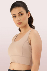 Enamor-E117 Beige Bark Longline Sports Bra – Solid | Scoop Neck Line High Impact Dry Fit Sports Bra