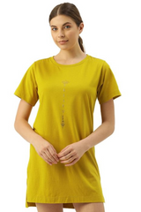 ENAMOR-E061 Mustard Yellow TUNIC TEE â€“ SOLID | SHORT SLEEVE TUNIC TEE WITH SIDE SLIT & MINDFUL GRAPHIC