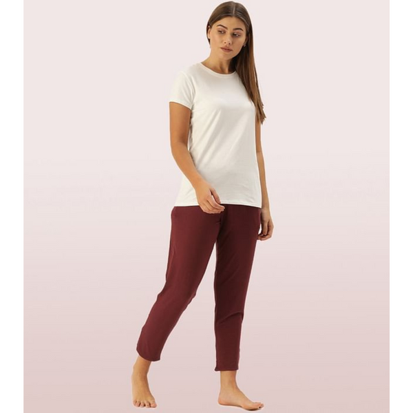 ENAMOR-E048 Ruby Love SHOP-IN PANTS - SOLID | TAPERED LOUNGE PANTS WITH SELF FABRIC DRAWSTRING WITH METAL ENDS