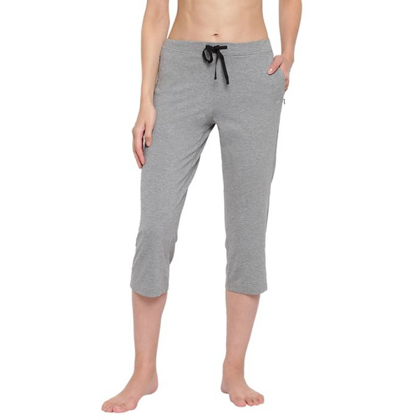 ENAMOR-E018 Medium Grey Melange ESSENTIALS STRETCH COTTON LOUNGE CAPRI FOR WOMEN SLIM FIT