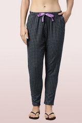 Enamor-E072 Navy Plaid LAZY PANT | PULL-ON FLANNEL PANTS WITH SATIN ADJUSTABLE WAIST DRAWSTRING & POCKETS