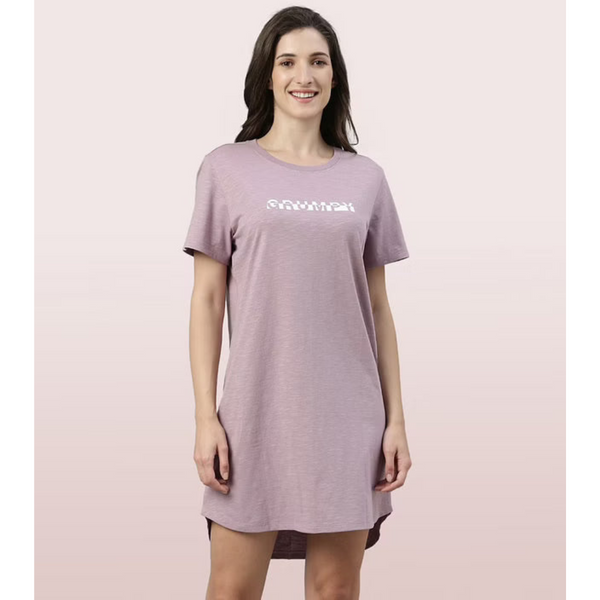 ENAMOR-E802 BASIC DRESS | COTTON SLOUNGE MINI DRESS WITH CHEST GRAPHIC