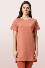 Enamor-EA61 Brick Melange TUNIC TEE â€“ STRIPES | SHORT SLEEVE TUNIC TEE WITH SIDE SLIT & MINDFUL GRAPHIC