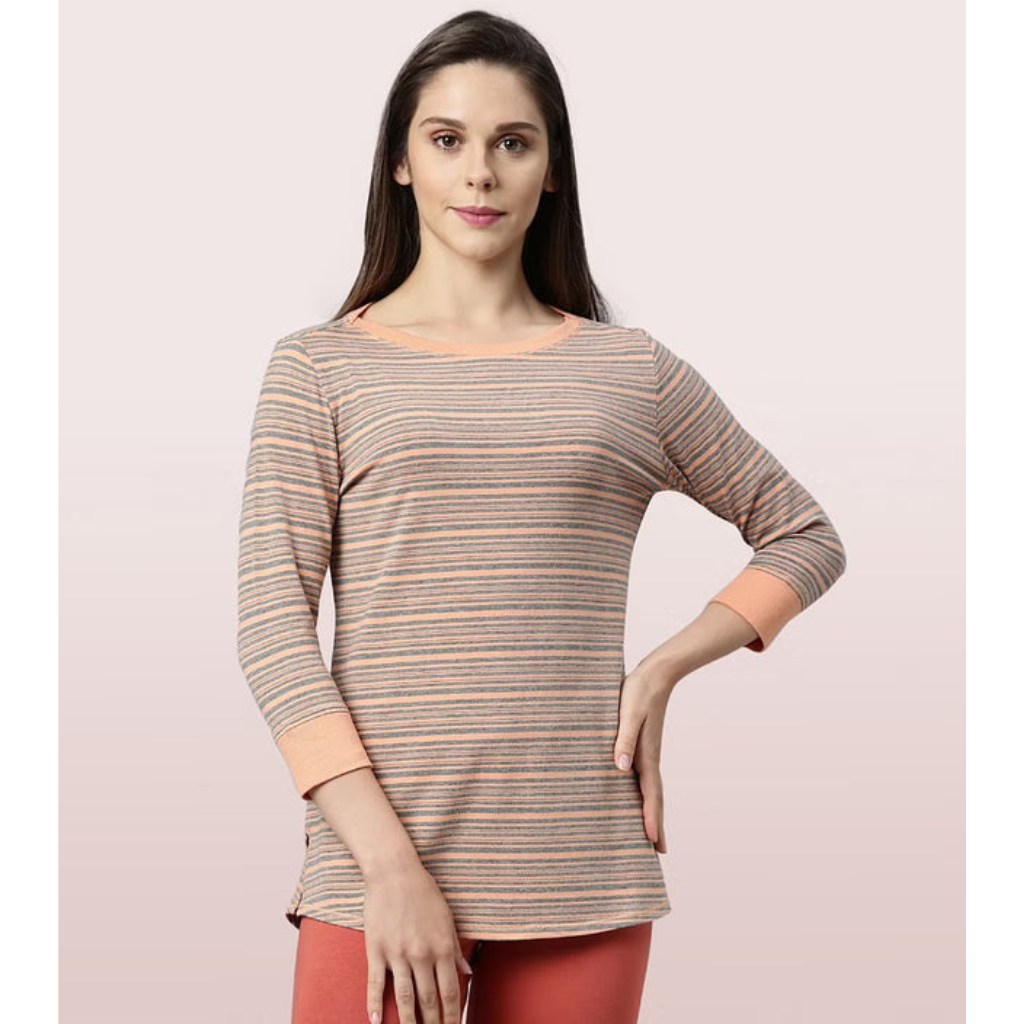 ENAMOR-EA07 Salmon Med LONG TEE â€“ STRIPED | Â¾ SLEEVE BOAT NECK LOUNGE TEE WITH MINDFUL GRAPHIC