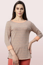 ENAMOR-EA07 Salmon Med LONG TEE â€“ STRIPED | Â¾ SLEEVE BOAT NECK LOUNGE TEE WITH MINDFUL GRAPHIC