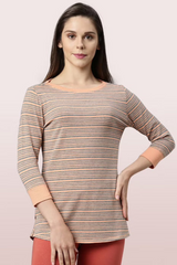 ENAMOR-EA07 Salmon Med LONG TEE â€“ STRIPED | Â¾ SLEEVE BOAT NECK LOUNGE TEE WITH MINDFUL GRAPHIC