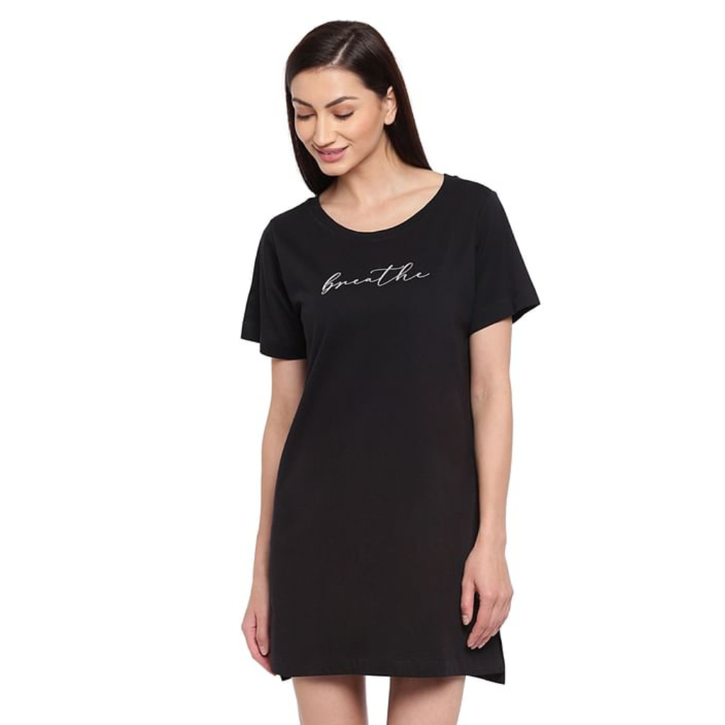 ENAMOR-E061 TUNIC TEE – SOLID | SHORT SLEEVE TUNIC TEE WITH SIDE SLIT & MINDFUL GRAPHIC