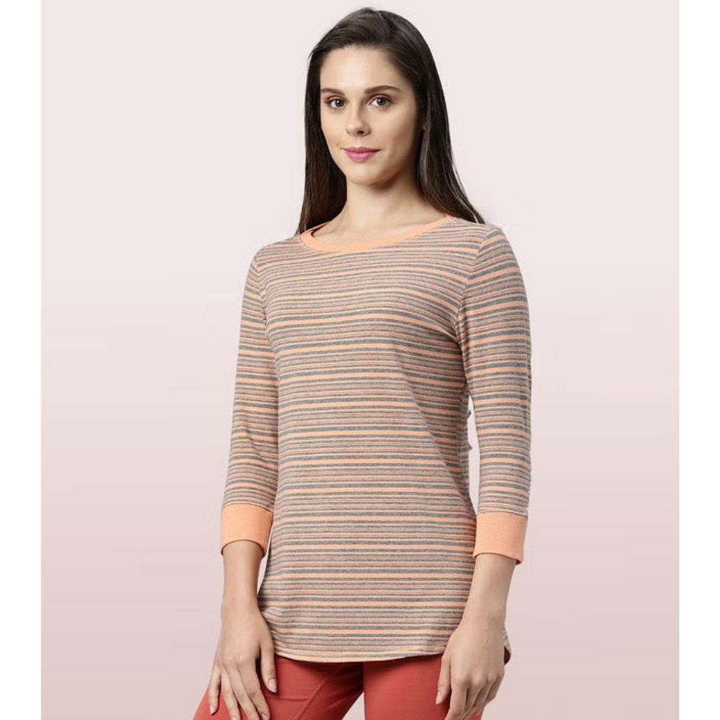 ENAMOR-EA07 LONG TEE – STRIPED | ¾ SLEEVE BOAT NECK LOUNGE TEE WITH MINDFUL GRAPHIC