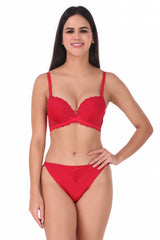 AXTZH-XBRADK51133 Red Sensual Stir Padded Wired 3/4th Coverage Lace Bra and Panty sets