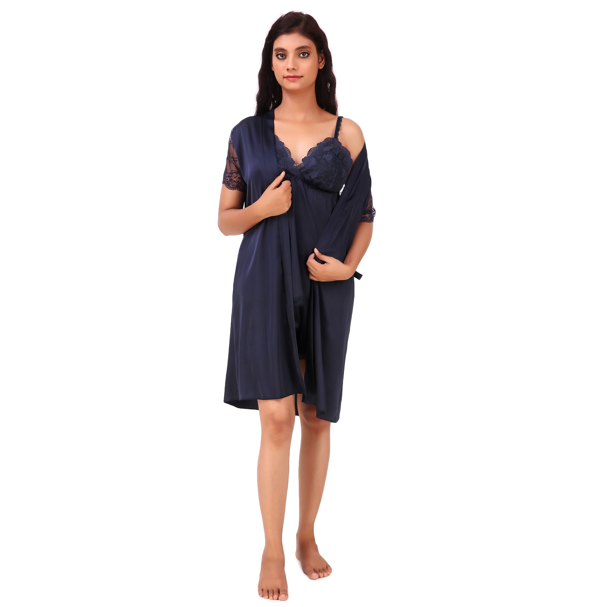 AXTZH-XNSS3P004 luxuriously Smooth satin Night Gown shorts set with soft lace Accents - 3 pcs set.