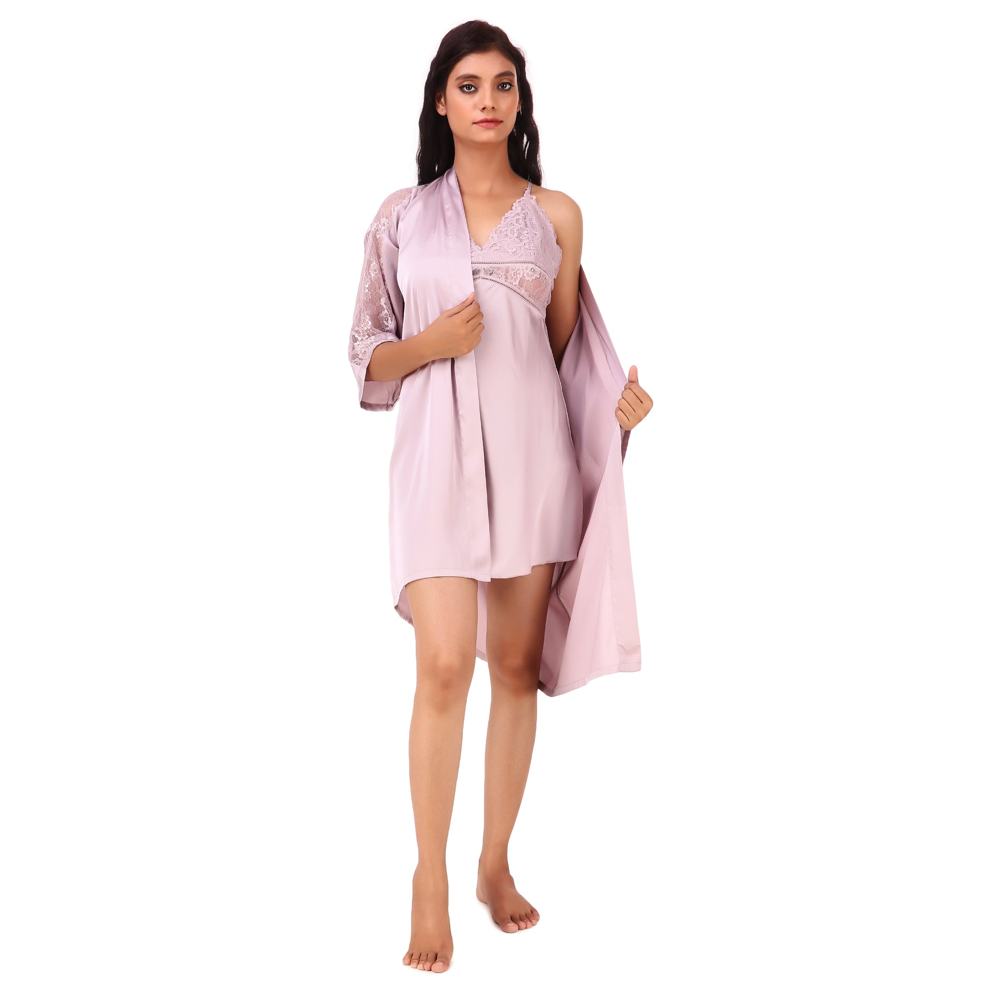 AXTZH-XNTS2P036   luxuriously Smooth satin Night Gown shorts set with soft lace Accents - 3 pcs set.