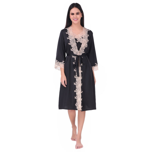 AXTZH-XNSS3PSATRD001  luxuriously Smooth satin Night Gown  shorts with soft lace Accents-3 pcs