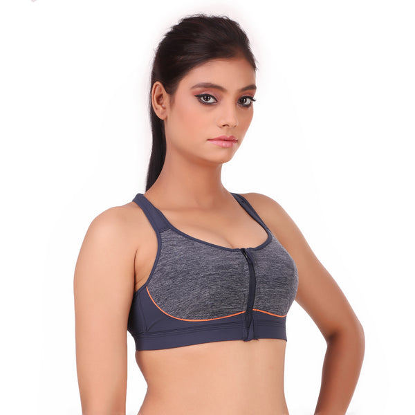 Enamor-SB11 Indigo High Impact Sports Bra Padded, Wirefree & Front Zipper